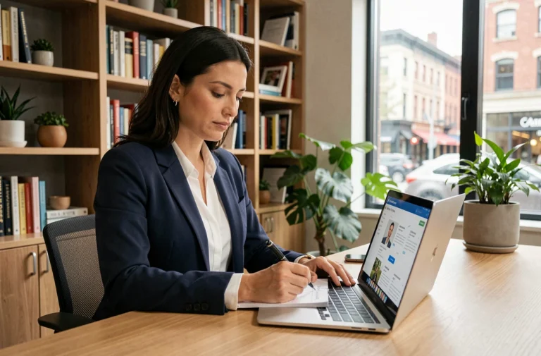 Femme professionnelle suivant une formation en ligne sur son ordinateur portable dans un bureau moderne à domicile