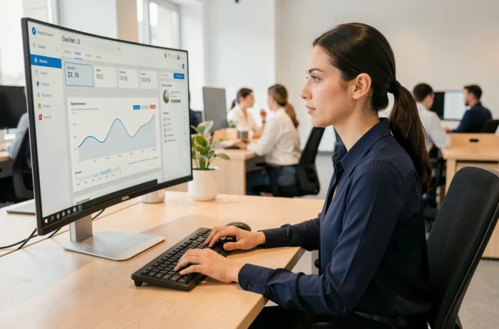 Femme professionnelle utilisant un tableau de bord de gestion web sur un grand écran dans un bureau moderne