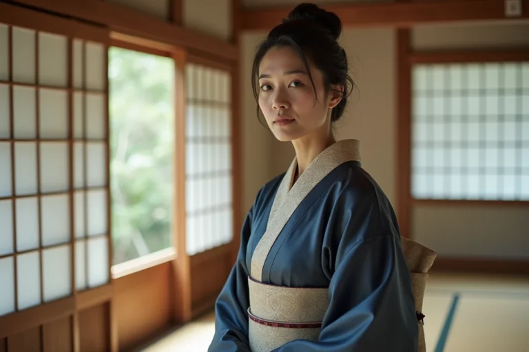 Femme japonaise portant un kimono traditionnel furisode aux longues manches en soie indigo dans une pièce tatami authentique