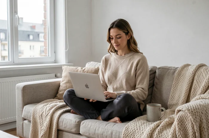 Femme détendue consultant du contenu de développement personnel sur son ordinateur portable dans un salon scandinave