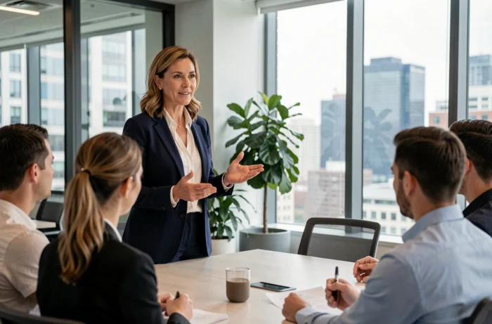 Femme leader dirigeant une réunion d'équipe dans un bureau moderne pour développer ses compétences en leadership