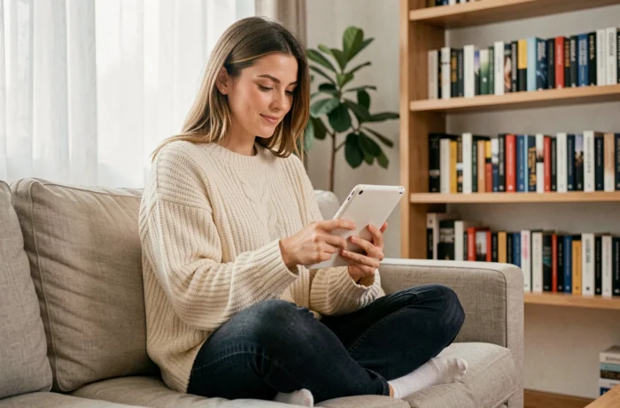 Jeune femme lisant un ebook sur une liseuse électronique dans un salon minimaliste avec des livres en arrière-plan