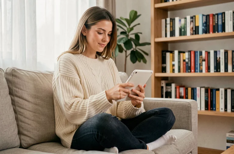 Jeune femme lisant un ebook sur une liseuse électronique dans un salon minimaliste avec des livres en arrière-plan