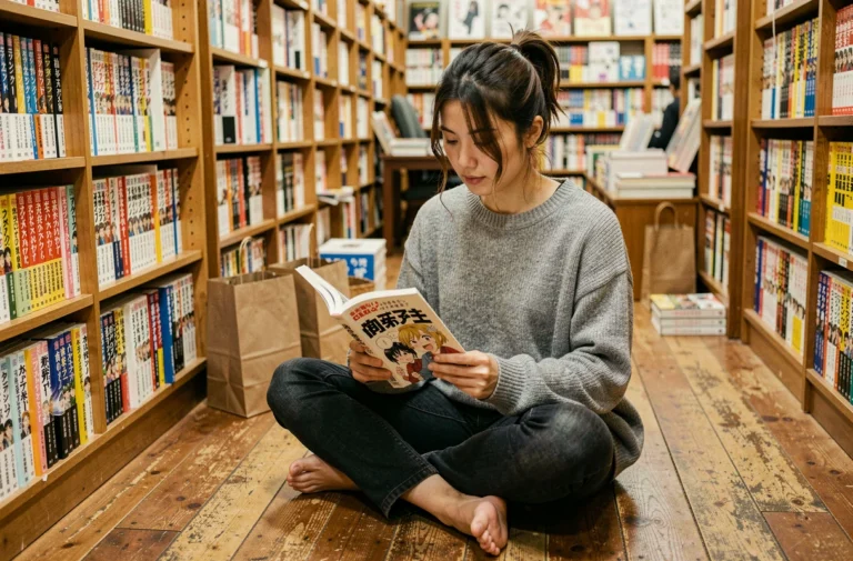 Jeune femme lisant un manga célèbre dans une librairie spécialisée entourée de nombreux volumes japonais