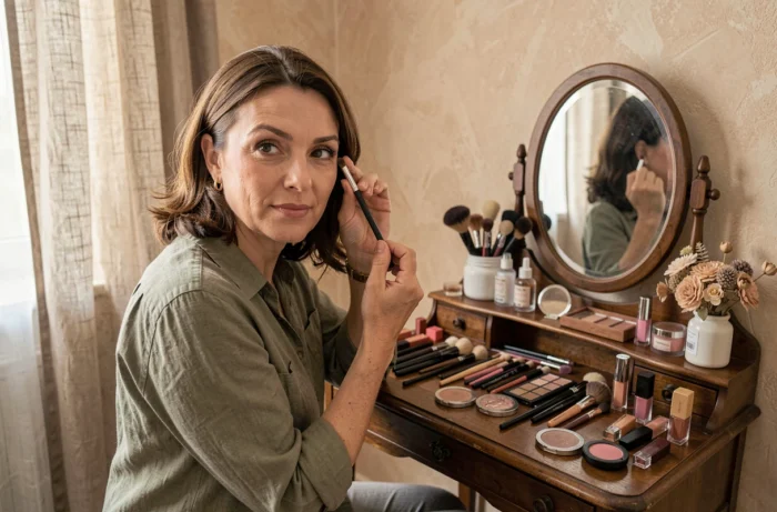 Femme se maquillant devant une coiffeuse en bois vintage, astuces maquillage quotidien