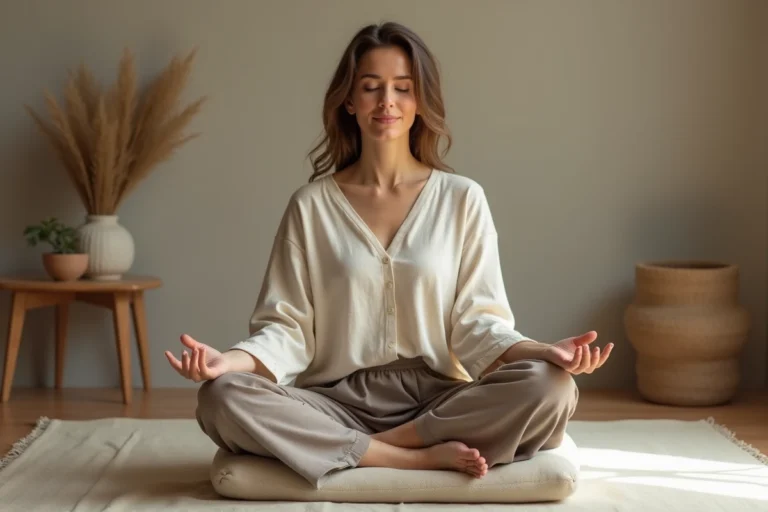 Femme en méditation assise sur un coussin en lin dans un espace minimaliste aux murs en plâtre brut, les yeux fermés, exprimant la sérénité et la paix intérieure