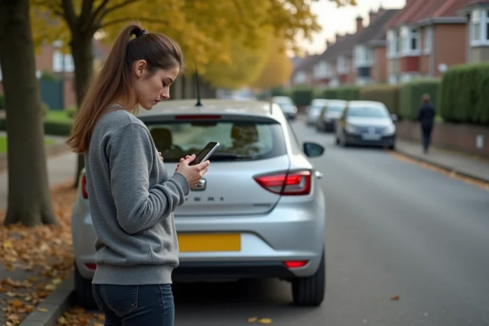 Femme inquiète consultant son téléphone devant sa Seat Ibiza avec le capot ouvert en bord de route