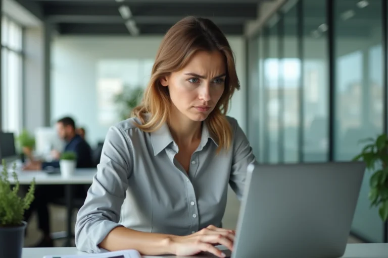 Femme en entreprise face à un problème de connexion sur son ordinateur portable au bureau