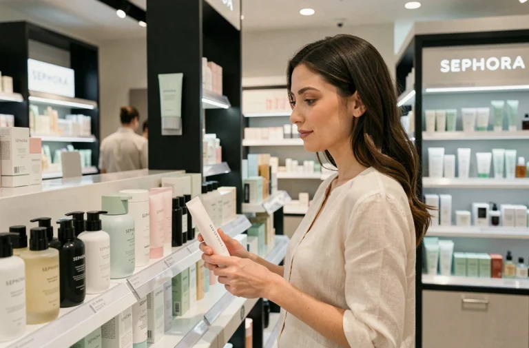 Femme inspectant des produits de soin minimalistes dans un magasin Sephora, alternatives à Typology