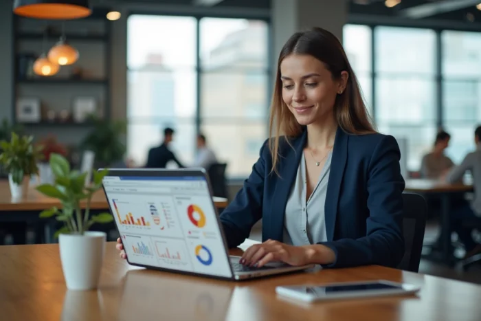 Professionnelle explorant le CRM gratuit de HubSpot sur son ordinateur portable dans un espace de travail moderne