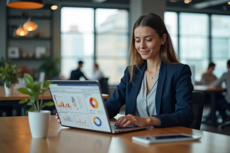 Professionnelle explorant le CRM gratuit de HubSpot sur son ordinateur portable dans un espace de travail moderne