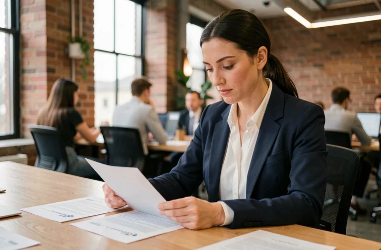 Jeune femme professionnelle révisant son CV dans un espace de coworking moderne pour optimiser sa recherche d'emploi