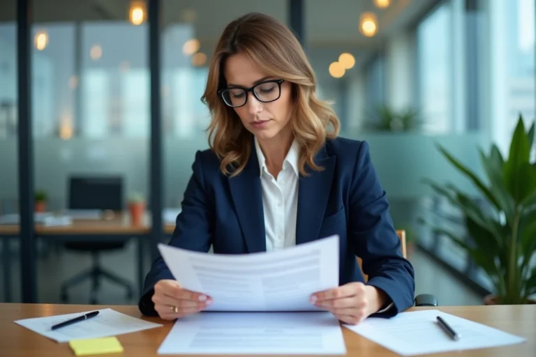 Femme professionnelle en agence immobilière révisant un dossier de location bien organisé sur un bureau en bois