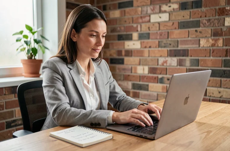 Femme utilisant une application de recherche d'adresse BIM VUP sur un ordinateur portable dans un bureau à domicile moderne