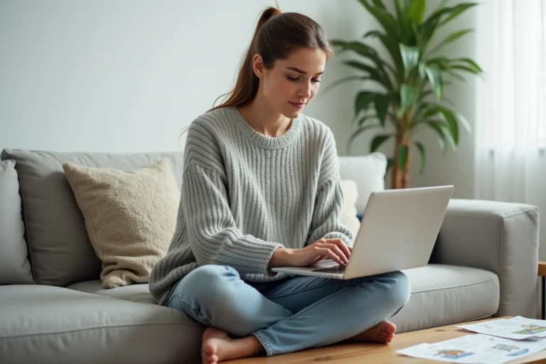Femme consultant une plateforme de recherche de location immobilière sur un ordinateur portable depuis son salon