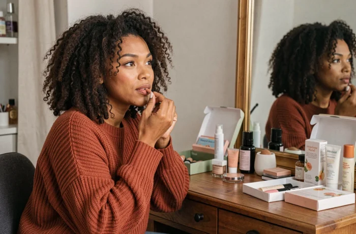 Jeune femme appliquant un soin lèvres devant sa coiffeuse entourée de commandes cosmétiques en ligne, tendances e-beauté