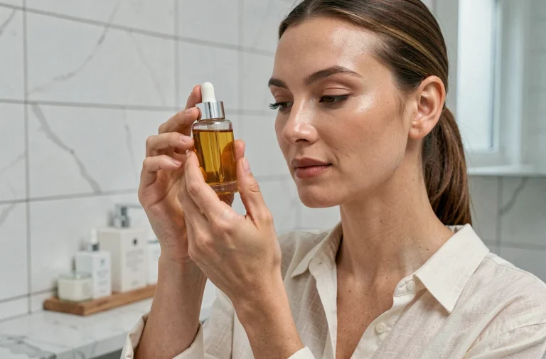Femme tenant un sérum cosmétique en verre dans une salle de bain moderne aux tons épurés, tendances beauté en ligne