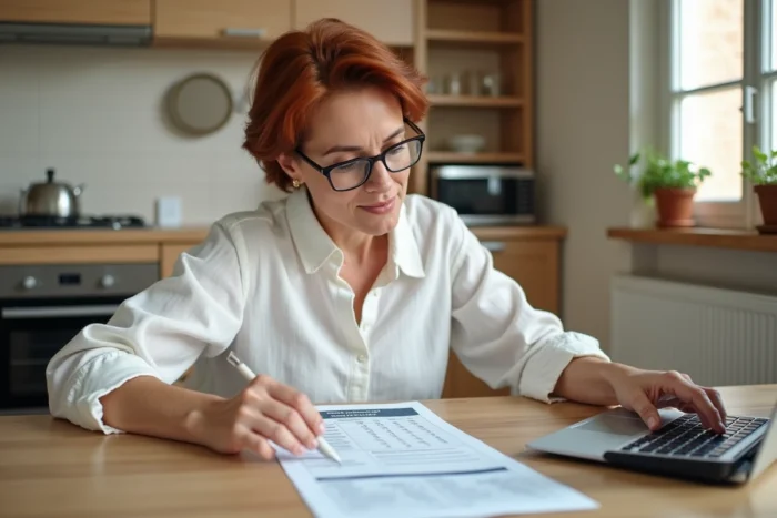 Femme qui compare des taux immobiliers sur son ordinateur et des documents de simulation de prêt