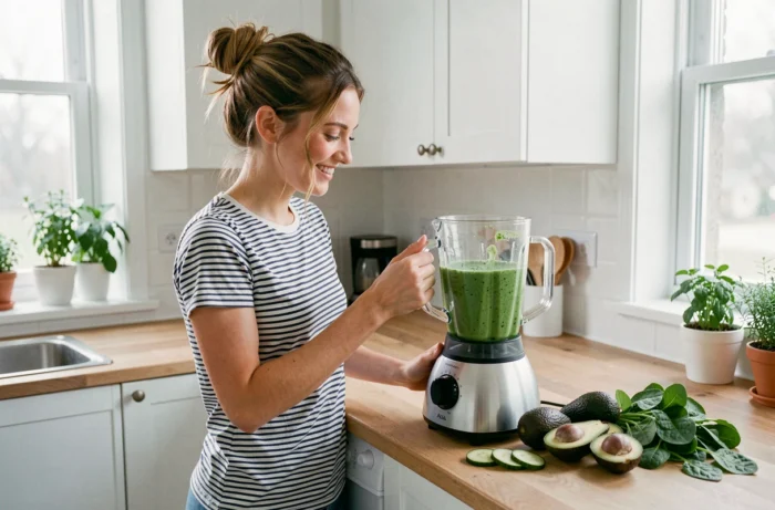 Jeune femme préparant un smoothie santé dans une cuisine moderne, beauté de l'intérieur au quotidien