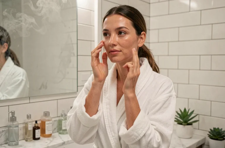 Femme appliquant un sérum visage dans une salle de bain minimaliste, routine beauté quotidienne