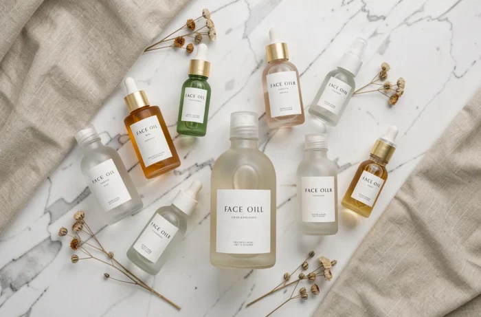 Planche de produits cosmétiques minimalistes en flat lay, marques naturelles disponibles chez Sephora