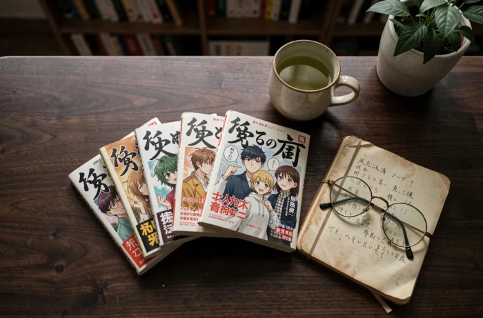 Flat lay de mangas japonais célèbres posés sur un bureau avec une tasse de thé vert et un carnet de notes