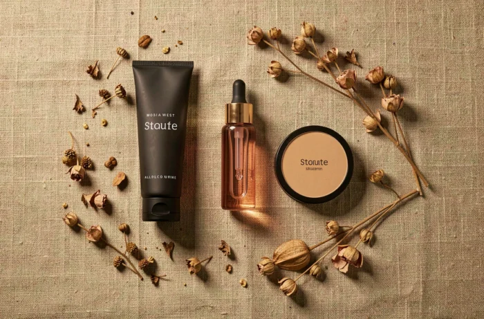 Mise à plat de produits cosmétiques tendance sur tissu lin avec botaniques séchés, nouveautés beauté e-commerce