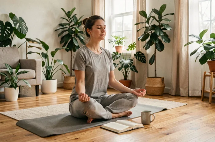 Femme méditant sur un tapis de yoga dans un salon calme avec un journal et une tasse de tisane, illustrant la gestion du stress pour éviter le grignotage émotionnel