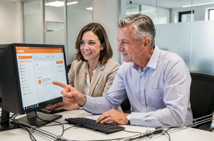 Deux collègues gérant des e-mails Orange ensemble sur un ordinateur de bureau au bureau