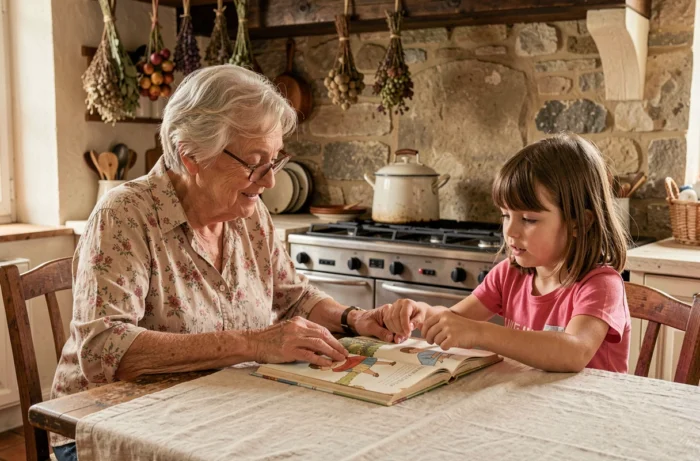 Grand-mère transmettant une comptine traditionnelle française à sa petite-fille autour d'un livre illustré dans une cuisine de campagne