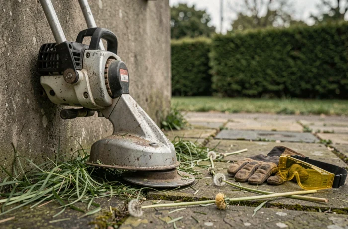 Gros plan d'une débroussailleuse professionnelle avec lame et tête de coupe posée contre un mur de jardin