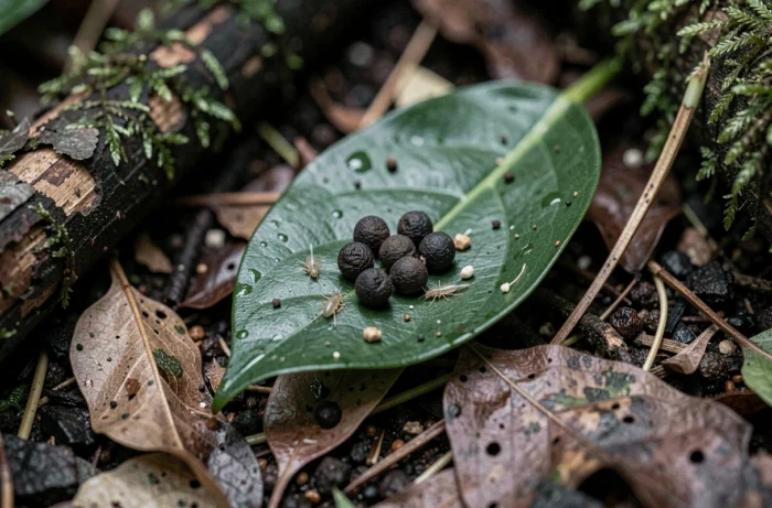 Gros plan macro sur des crottes de salamandre sur une feuille humide en forêt, révélant des fragments de proies pour l'analyse de biodiversité