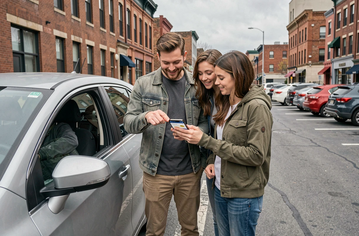 Groupe d'amis organisant un trajet partagé en voiture grâce à une application mobile