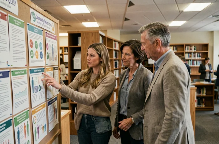 Groupe d'adultes discutant d'affiches de vérification des faits médicaux dans une bibliothèque publique