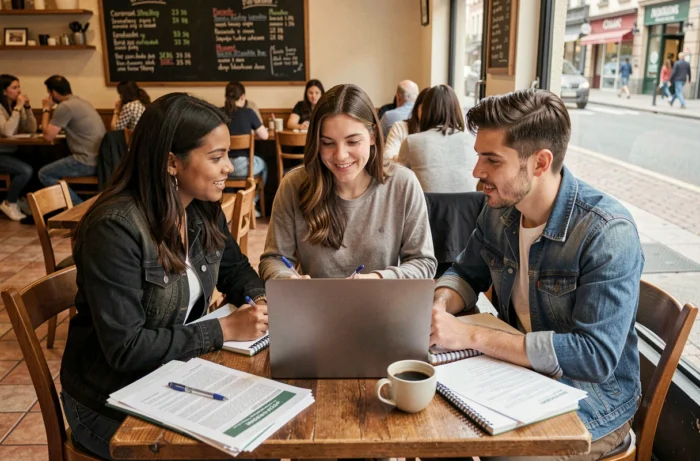 Groupe de jeunes professionnels collaborant sur leur stratégie de recherche d'emploi autour d'un ordinateur portable dans un café