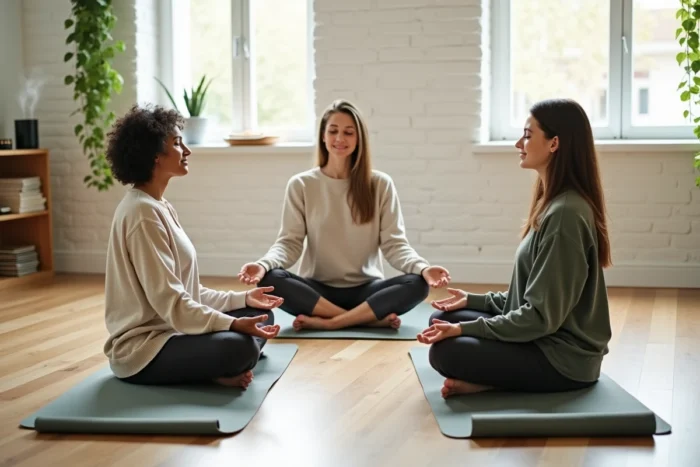 Groupe de trois adultes en méditation guidée dans un studio de bien-être lumineux avec des murs en briques blanches et des plantes vertes, exprimant concentration et développement personnel