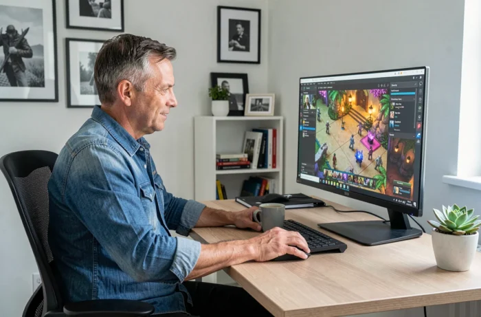 Homme en télétravail jouant ou créant en ligne sur un grand écran dans un bureau à domicile moderne