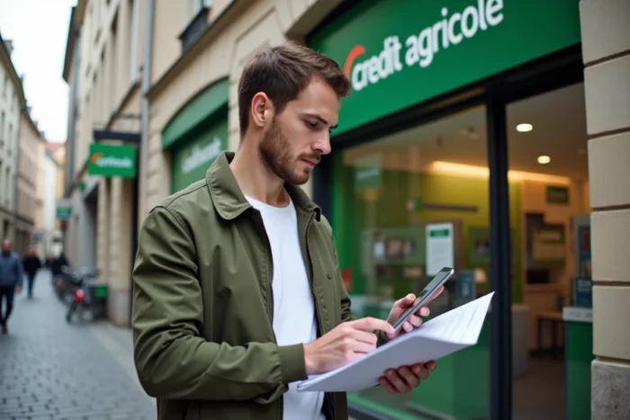 Jeune homme devant une agence Crédit Agricole consultant des informations sur les taux immobiliers