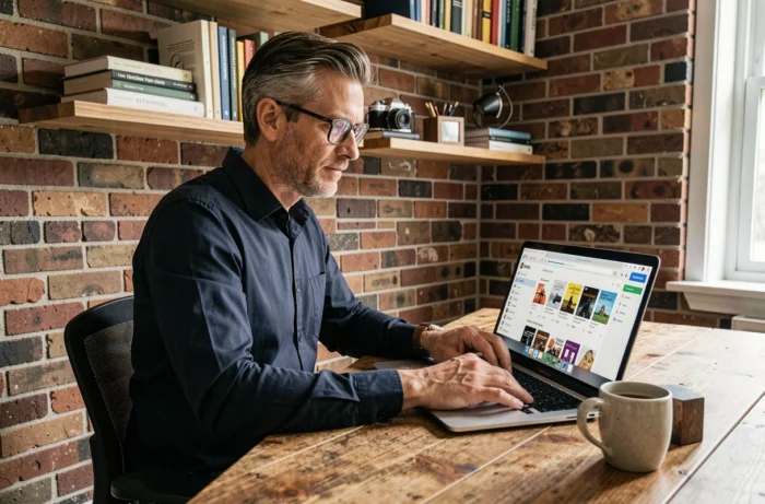 Homme consultant une bibliothèque numérique d'ebooks sur un ordinateur portable dans un bureau à domicile