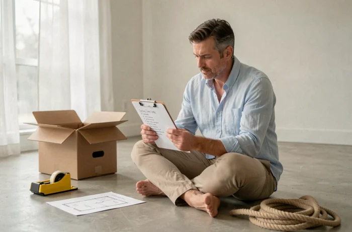 Homme consultant une liste de contrôle pour planifier son installation dans un nouvel appartement vide