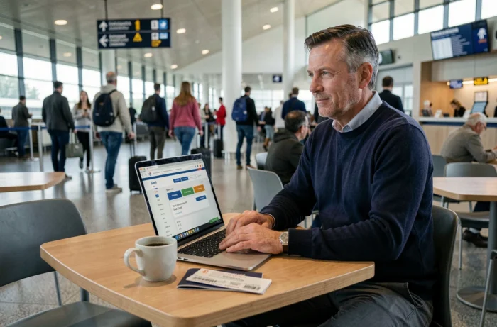 Homme comparant des vols économiques sur un ordinateur portable dans un salon d'aéroport