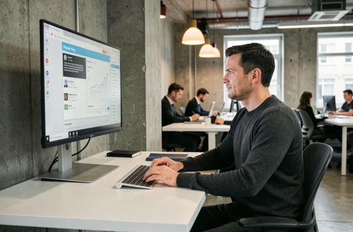Homme en formation professionnelle en ligne dans un espace de coworking moderne avec grand écran