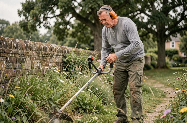 Homme utilisant une débroussailleuse à béquille dans un jardin envahi par la végétation en été