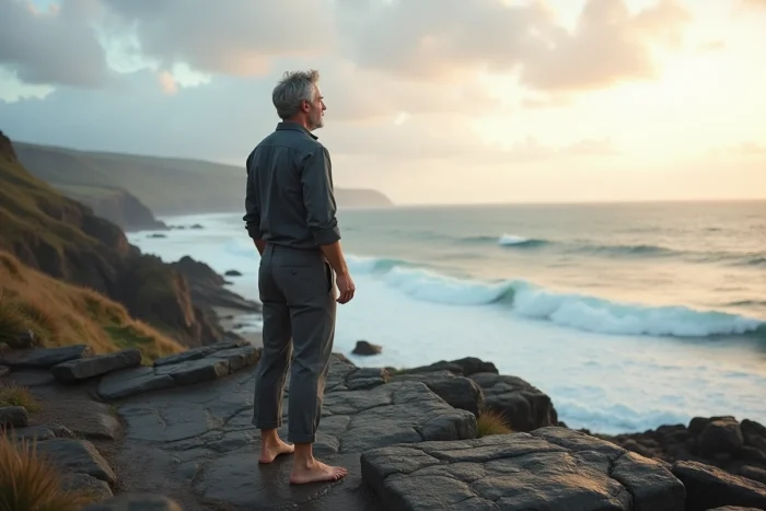 Homme debout au bord d'une falaise côtière face à un horizon infini, symbolisant l'ouverture vers de nouvelles dimensions de conscience