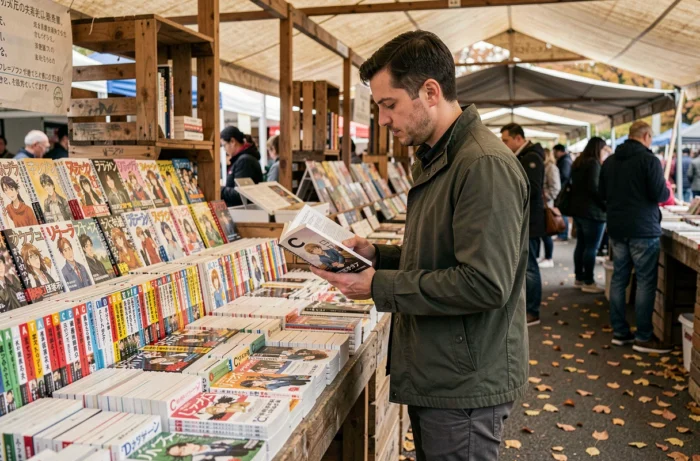 Homme examinant des mangas célèbres commençant par C sur un stand de marché du livre en plein air