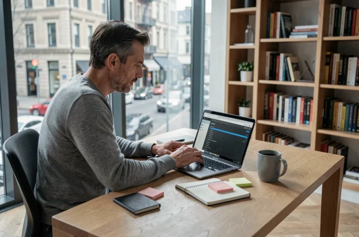 Homme travaillant sur l'optimisation web depuis un bureau à domicile avec laptop et notes