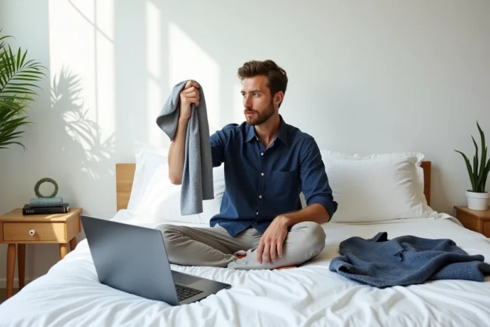 Homme stylé en chemise en lin bleu marine qui planifie sa garde-robe tendance et économique depuis chez lui avec un ordinateur portable