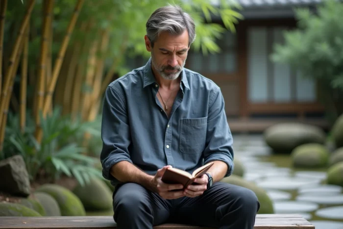 Homme pratiquant la pleine conscience et l'écriture dans un carnet en cuir, assis dans un jardin zen japonais avec des bambous et des pierres lisses en arrière-plan