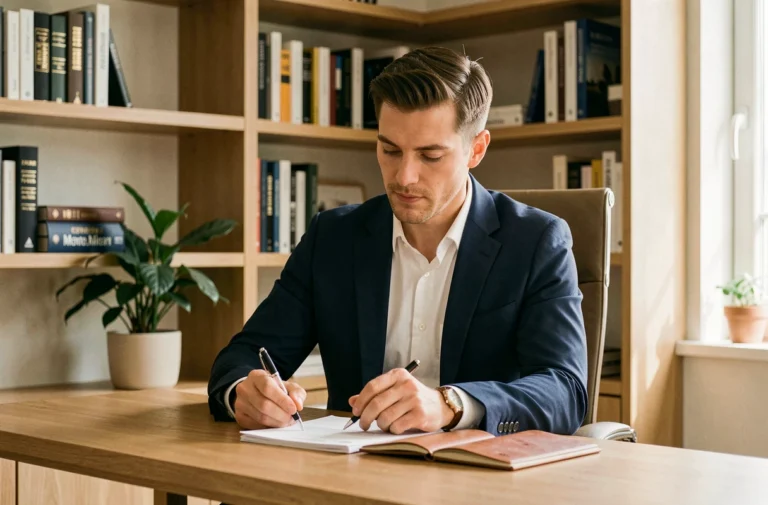 Homme professionnel en blazer marine prenant des notes dans un bureau moderne pour développer sa réussite personnelle