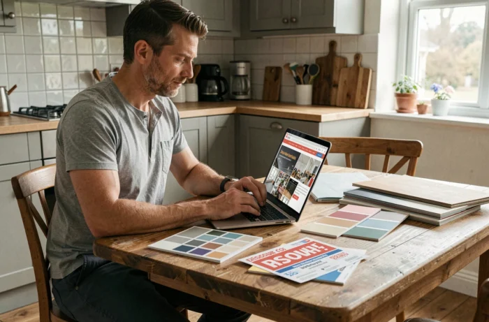 Homme consultant des promotions Leroy Merlin sur ordinateur portable avec des échantillons de matériaux de rénovation